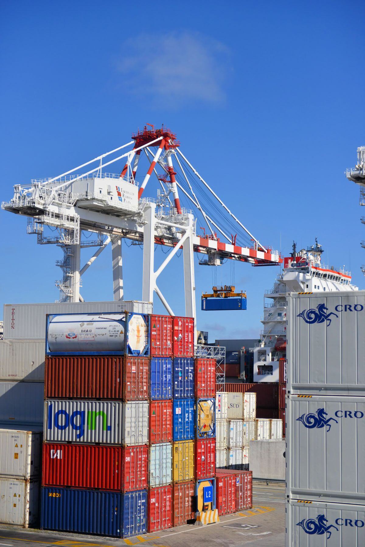 Stacked shipping containers at a port